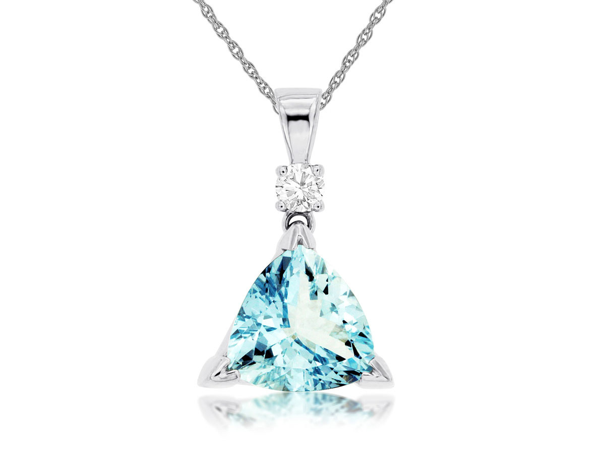 2.20ct Trillion Cut Aquamarine Pendant with 0.10ct Diamond Accent Prong Set in 14K White Gold on an 18 Chain