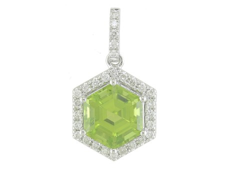 2.31ct Hexagonal Cut Peridot Pendant with 0.20cttw Diamond Accents Prong Set in 14K White Gold on an 18 Box Chain
