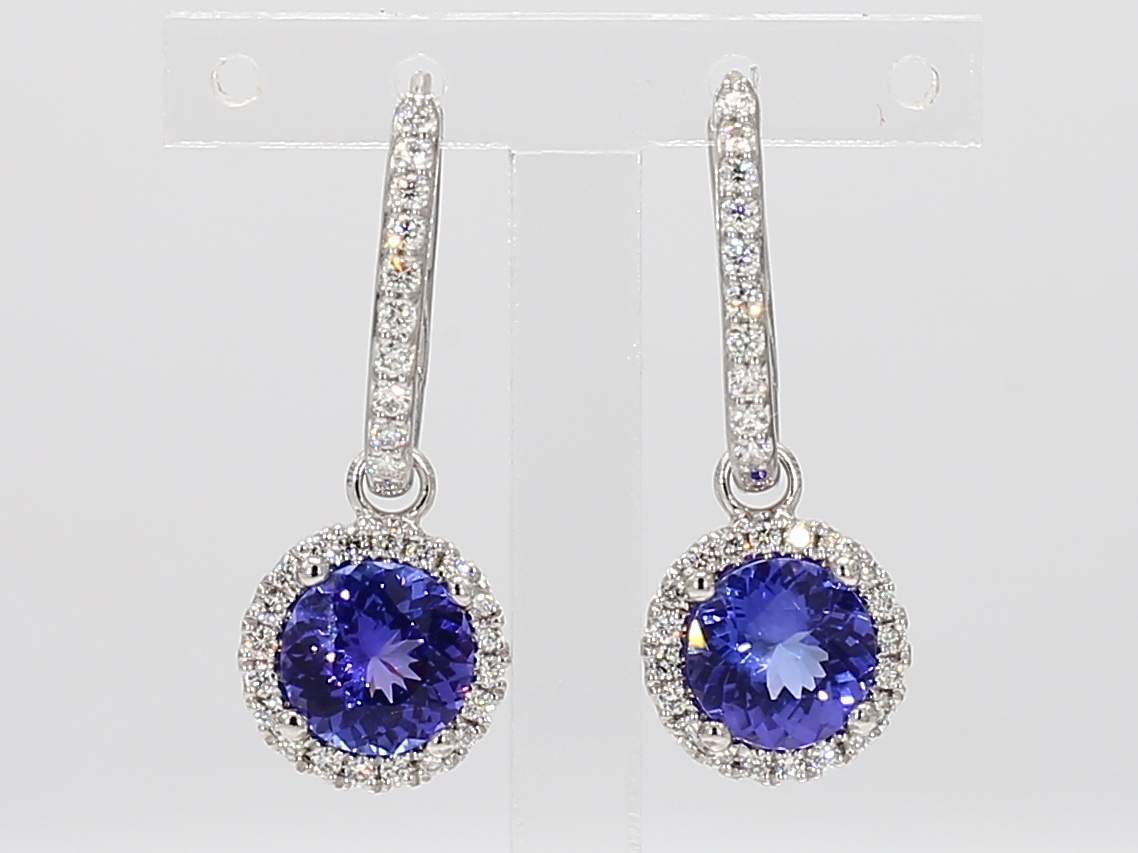 2.36cttw Round Cut Tanzanite Drop Earrings with 0.40cttw Diamond Accents Prong Set in 14K White Gold 