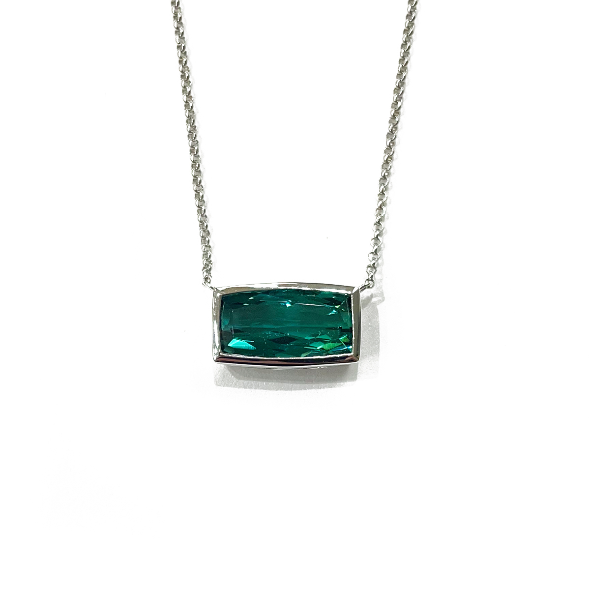 2.38ct cushion cut blue green tourmaline bezel set in east west pendant 18 adjustable 18k chain