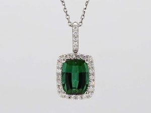 2.42ct Cushion Cut Green Tourmaline Pendant with 0.25cttw Diamond Accents Prong Set in 14K White Gold on an 18 Box Chain
