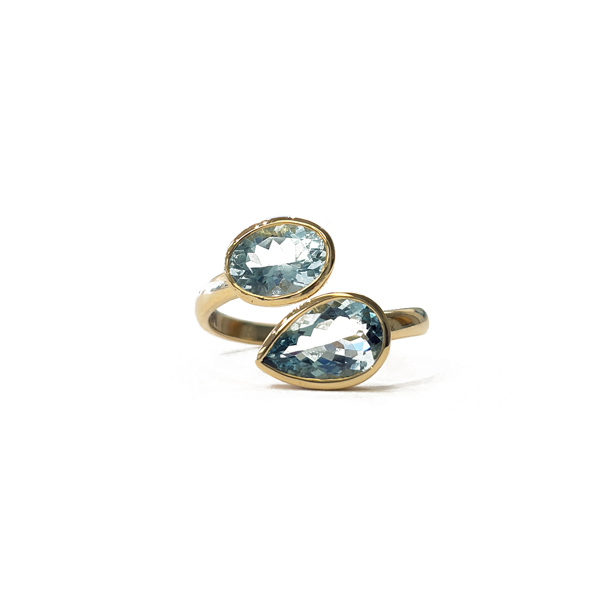 2.56ct Moi et Toi Ring Featuring a Round and a Pear Shape Aquamarine Ring Bezel Set in 14K Yellow Gold