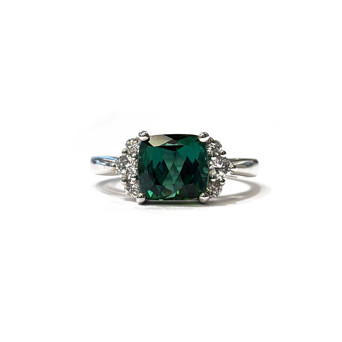 2.59ct Cushion Cut Indicolite Tourmaline Ring with 0.27cttw Diamond Accents Prong Set in 14K White Gold