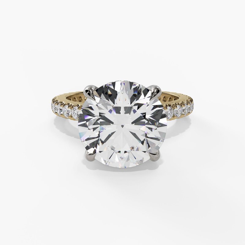 3.01ct Round Lab Grown Diamond (E/VS2) with 0.48cttw Natural Diamond Shank and Hidden Halo Accents in 14K White and Yellow Gold
