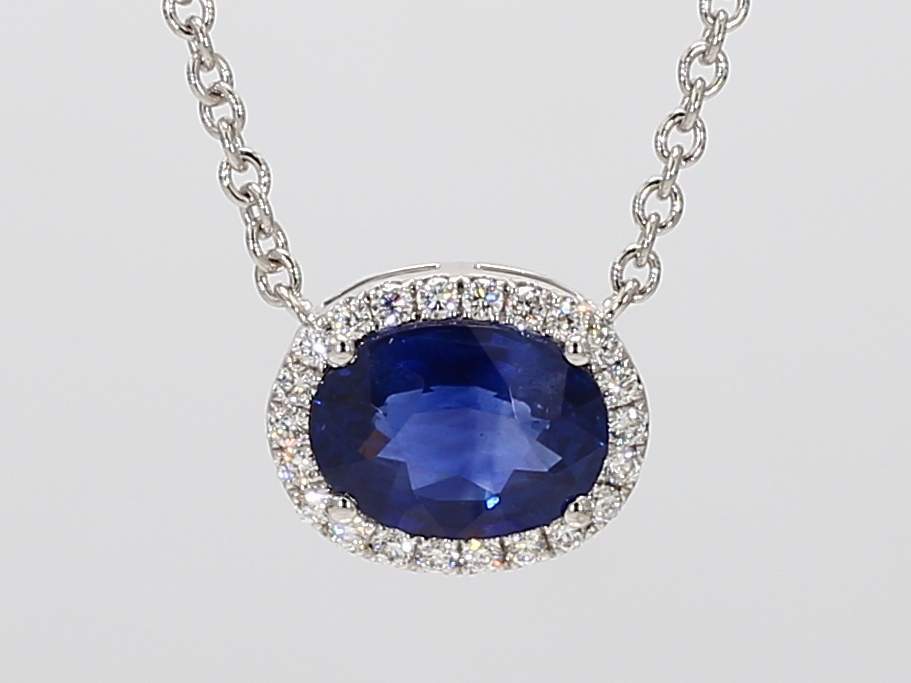 3.10ct Oval Cut Blue Sapphire (GIA) Pendant East-West Set with 0.58cttw Diamond Accents in 14K White Gold on a dedicated Diamonds by the Yard Chain