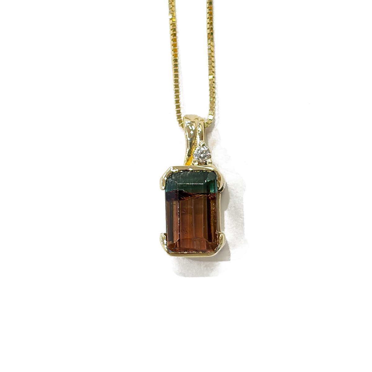 3.21ct Emerald Cut Watermelon Tourmaline Pendant with a 0.04ct Diamond Accent Half Bezel Set in 14K Yellow Gold on an 18 14K Yellow Gold Box Chain