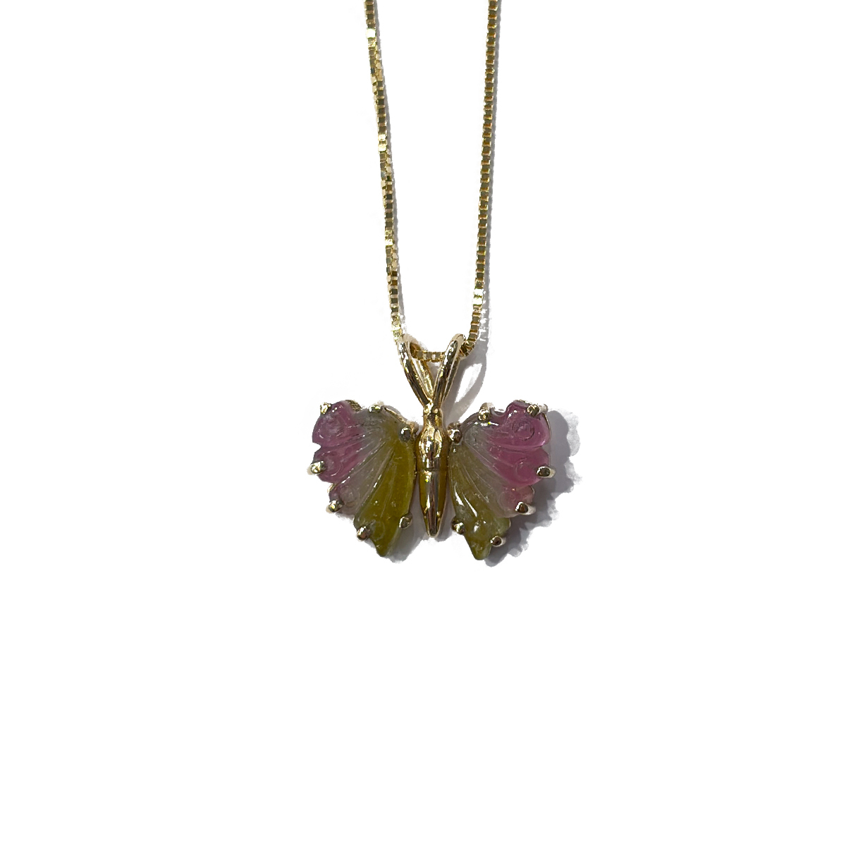 3.60cttw Hand Carved Watermelon Tourmaline Butterfly Prong Set in Custom 14K Yellow Gold Mounting on an 18 14K Yellow Gold Box Chain