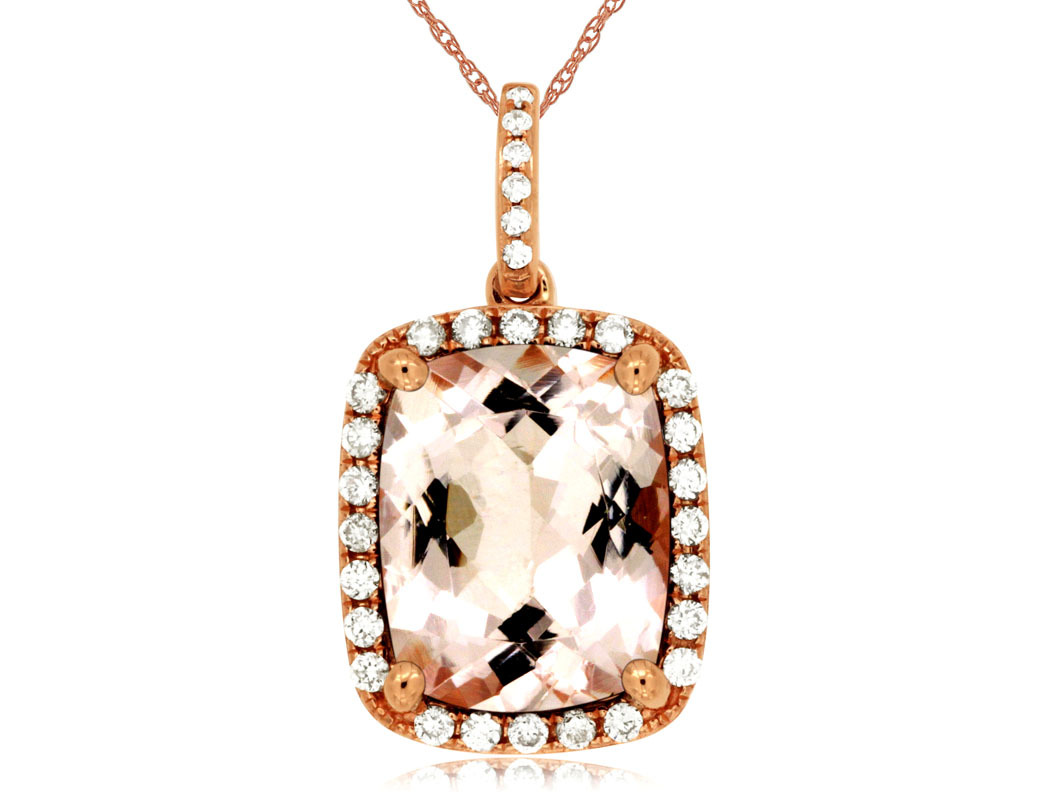 4.10ct Cushion Cut Morganite Necklace with 0.22cttw Diamond Accents in 14K Rose Gold