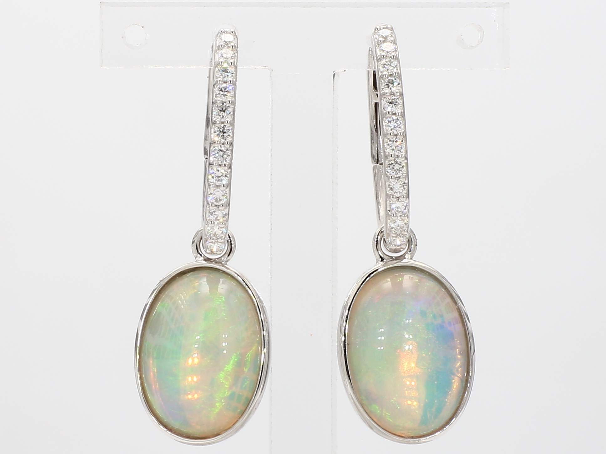 4.30cttw Oval Opal Drop Earrings with 0.25cttw Diamond Accents in 14K White Gold
