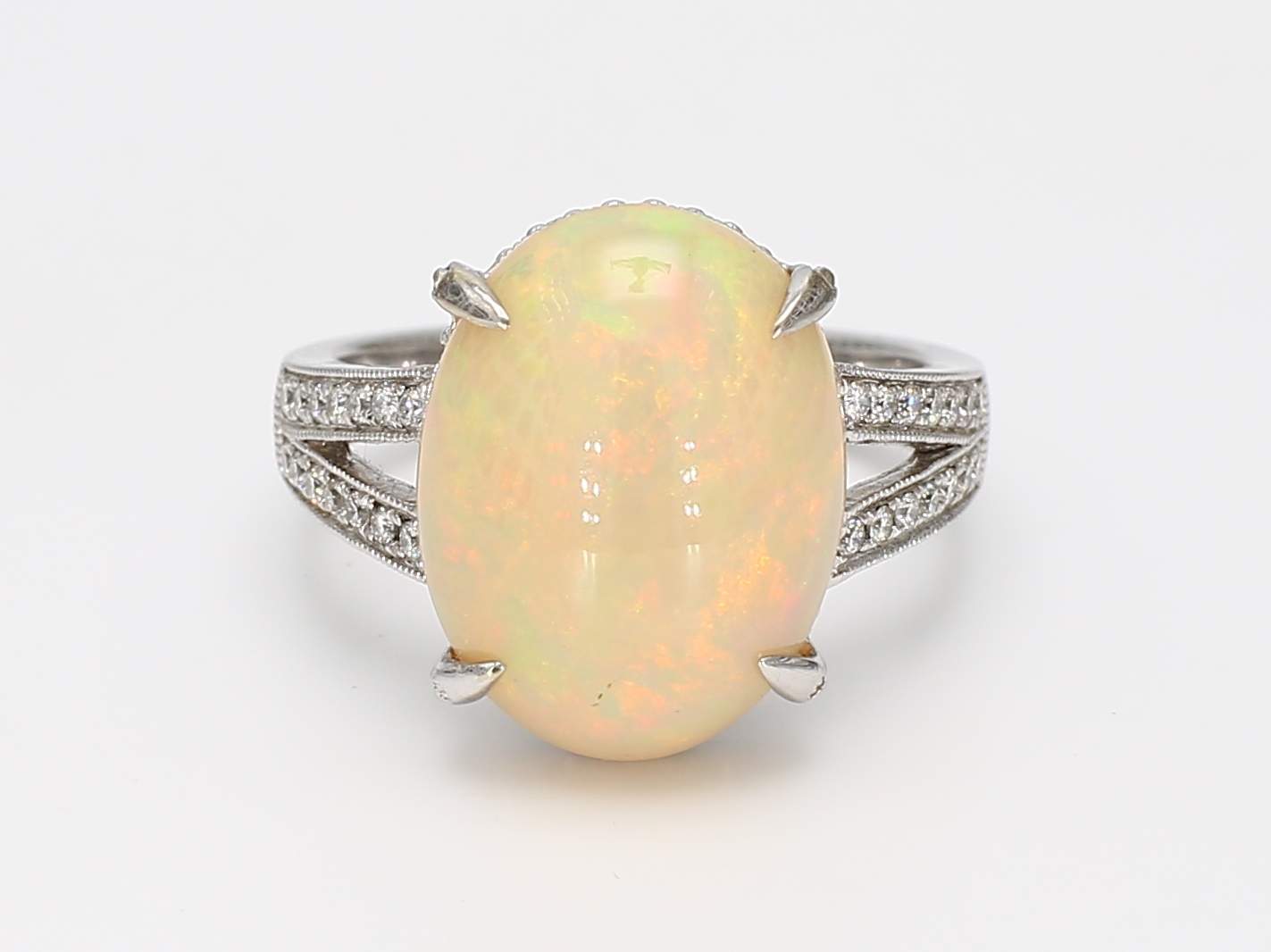 4.91ct Oval Opal Ring with 0.19cttw Diamond Accents Prong Set in 14K White Gold