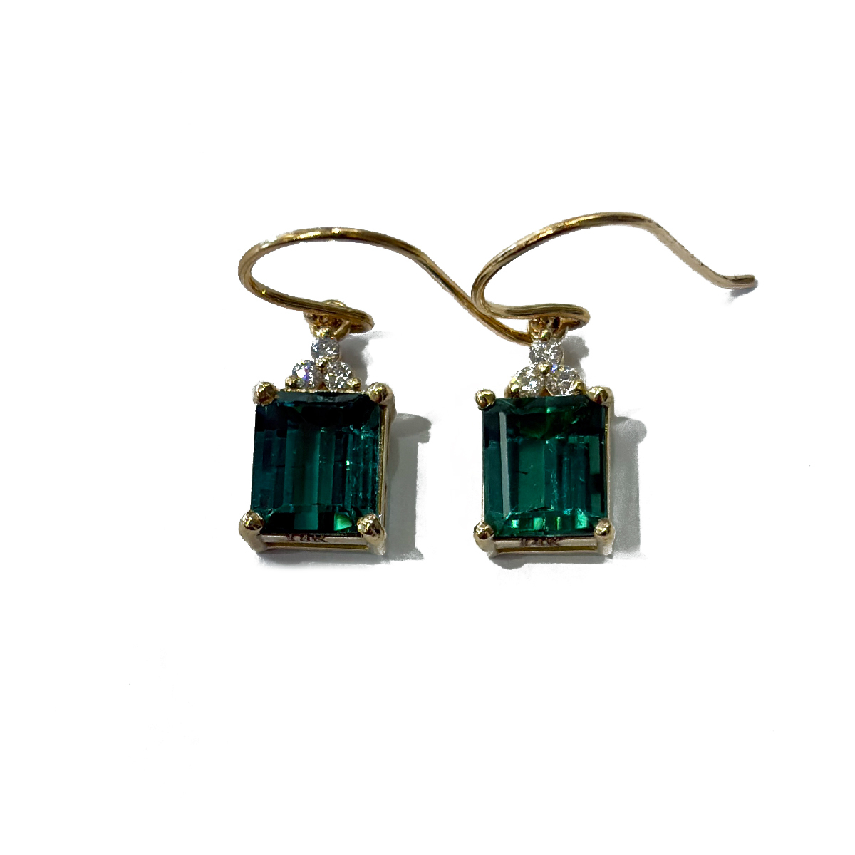 5.01cttw Emerald Cut Indicolite Tourmaline Drop Earrings with 0.14cttw Diamond Accents Prong Set in 14K Yellow Gold