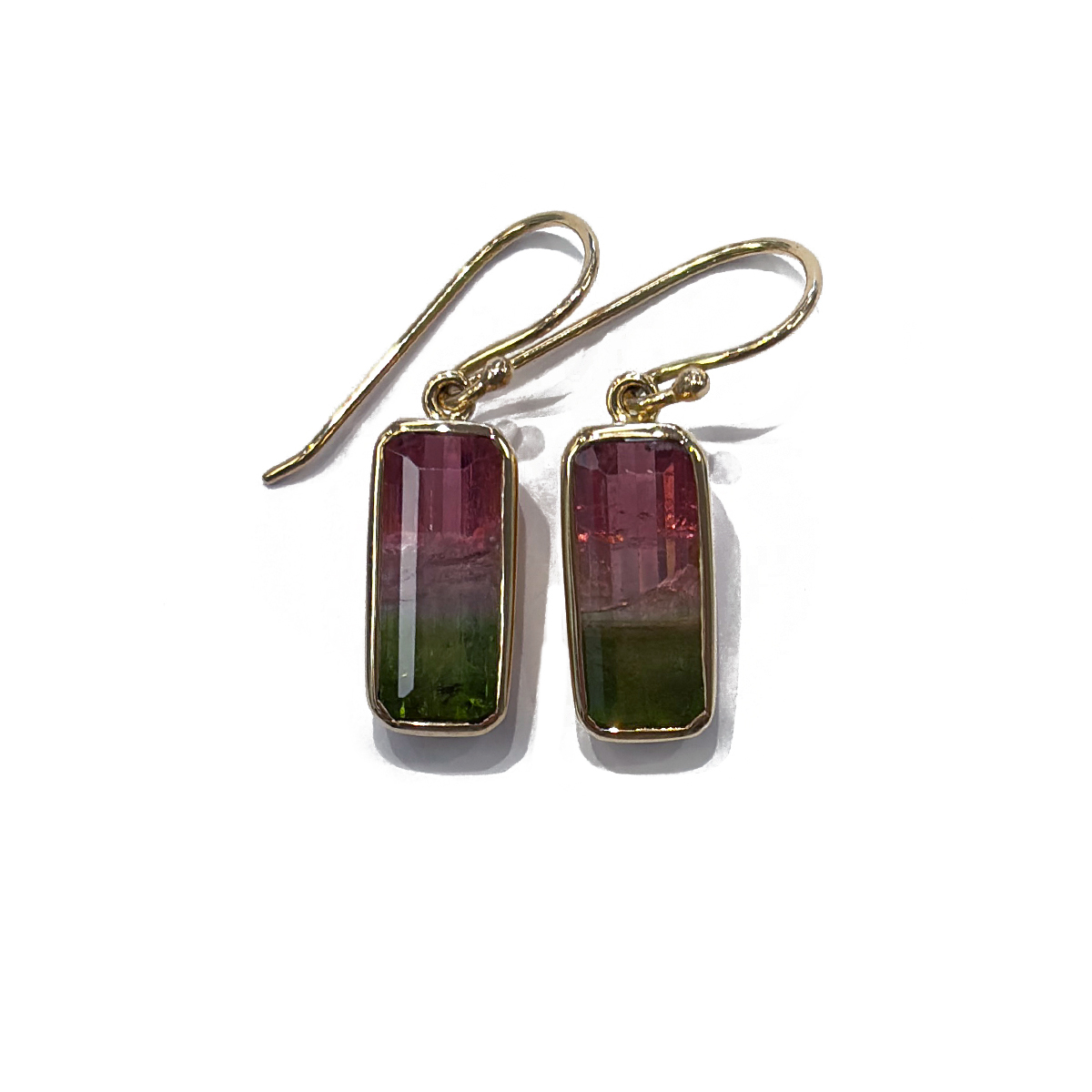 6.74cttw Emerald Cut Watermelon Tourmaline Dangle Earrings Bezel Set in 14K Yellow Gold on French Wires