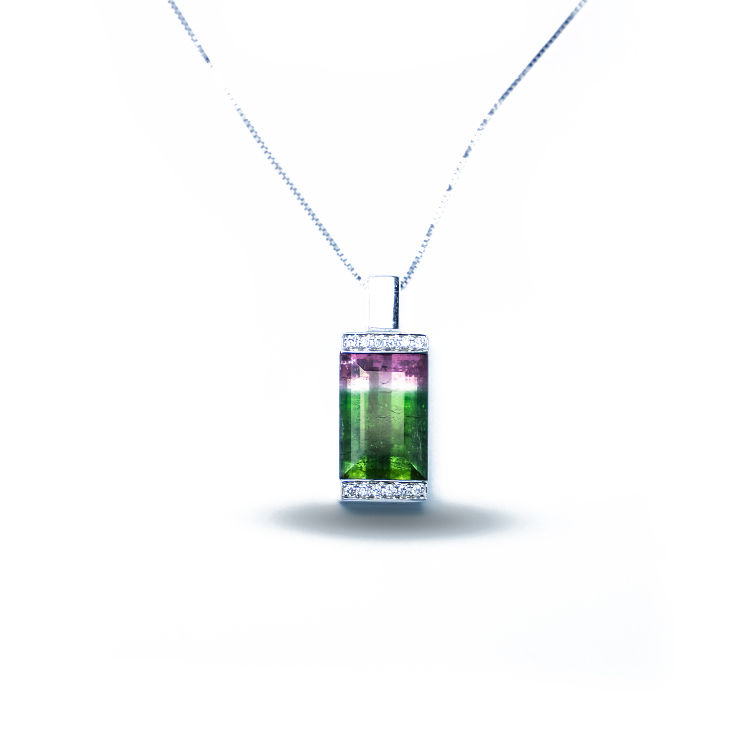 8.43ct Watermelon Tourmaline Bar Set Beacon of Light Pendant 18K White Gold with 0.11ct Diamonds