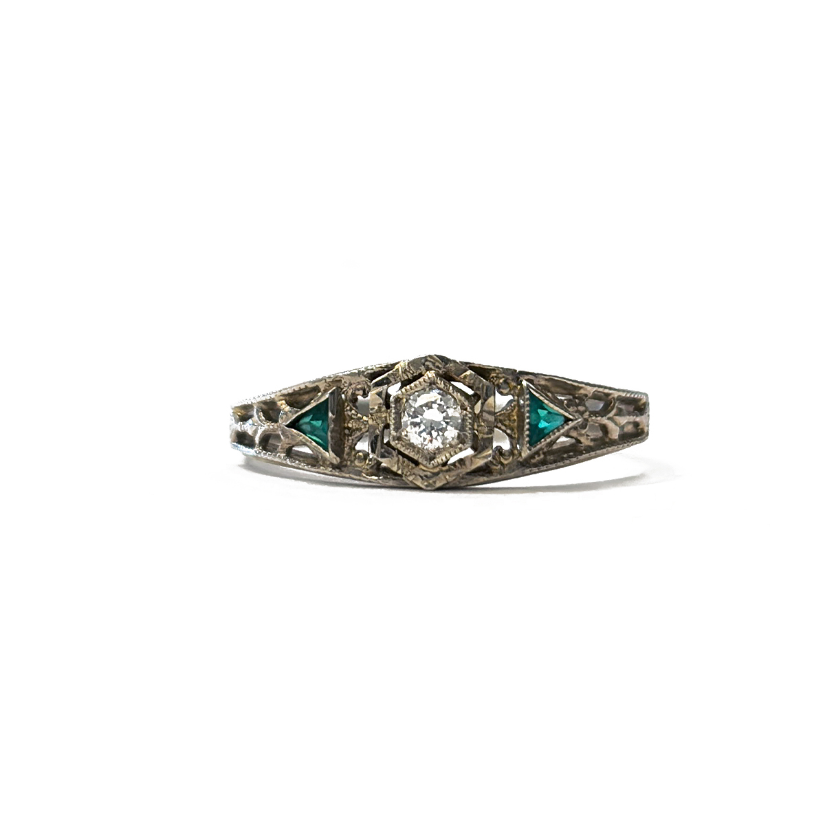 Art Deco Estate Ring featuring a 0.03ct Center Diamond and Two Trillion Emerald Accents in 14K White Gold