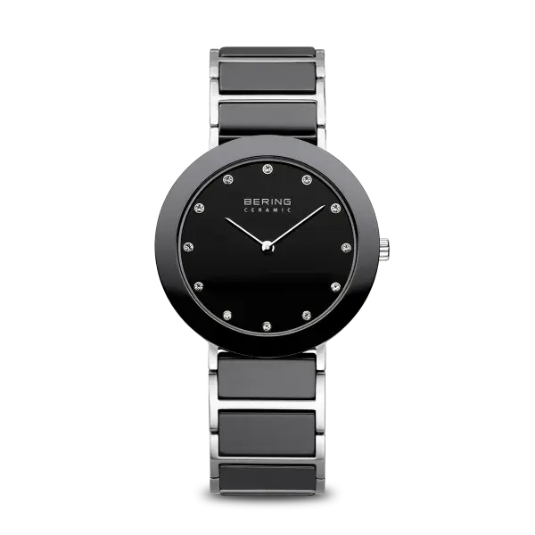 Bering Watch  Black and Silver Face Ceramic and Stainless Steel wtih Bezel Crystal Numbers