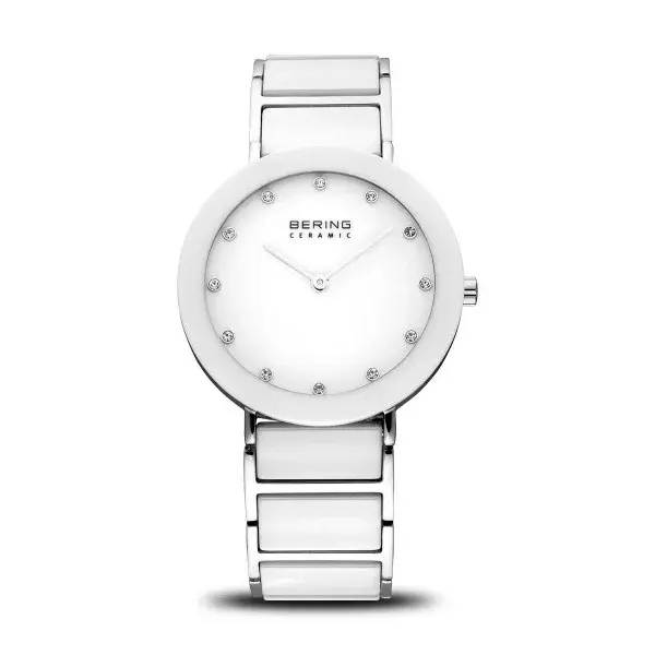 Bering Watch White and Silver Face Ceramic and Stainless Steel Strap with Crystal Numbers