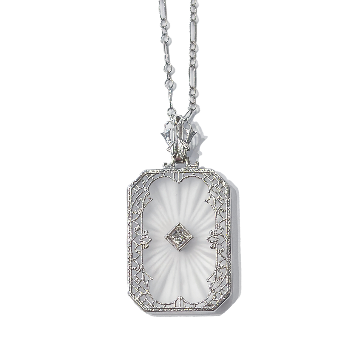 Estate Camphor Glass Pendant Featuring a 0.01ct Diamond Accent in 14K White Gold on an 18 Link Style Chain