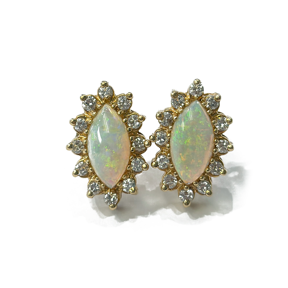 Estate Earrings featuring ~2.00cttw Marquise Shape Cabochon Opals with 0.40cttw Diamond Halo Accents Prong Set in 14K Yellow Gold with Butterfly Backs