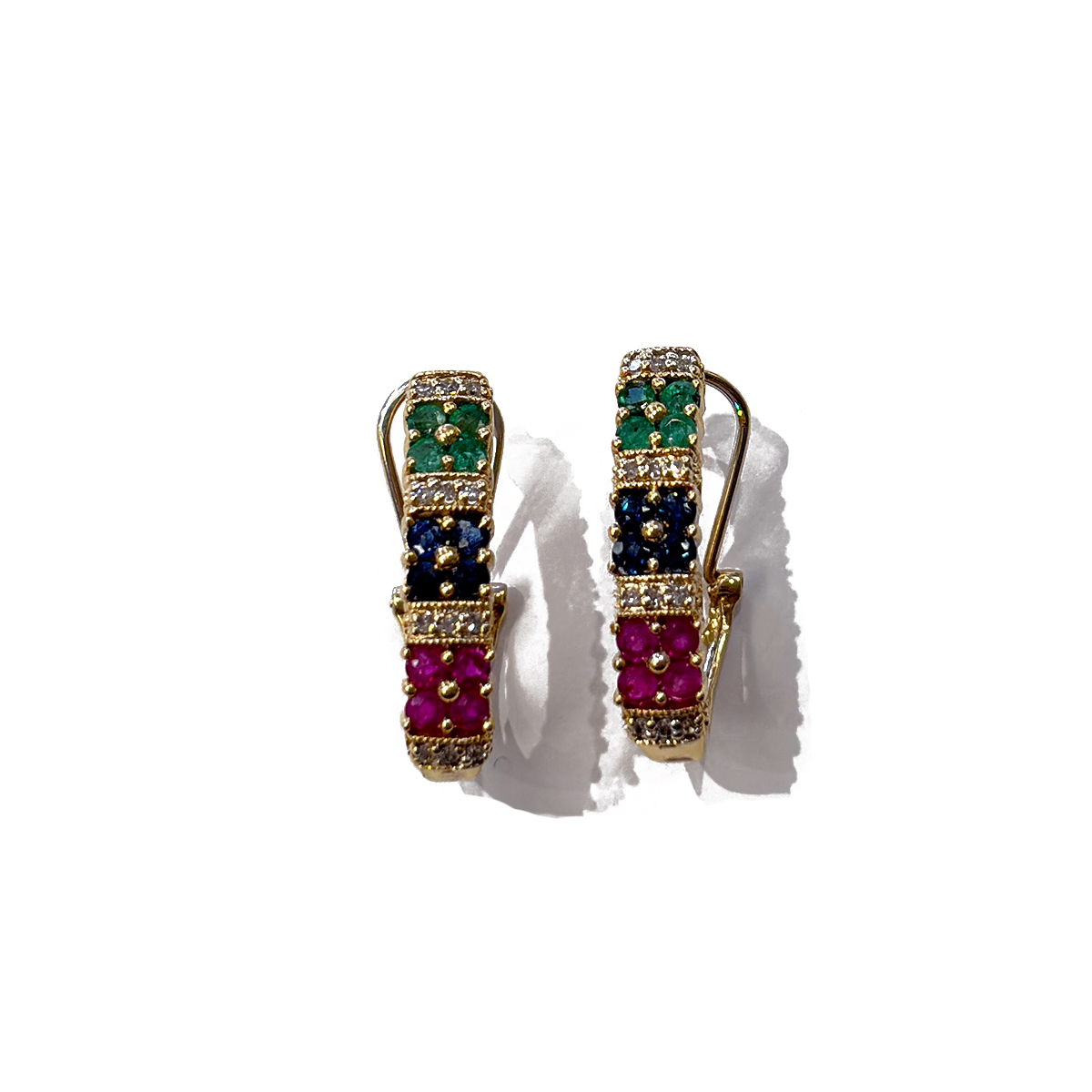 Estate Earrings Featuring 0.32cttw Emerald, 0.32cttw Sapphire, and 0.32cttw Ruby with 0.12cttw Diamond Accents Prong Set in 14K Yellow Gold with Omega Backings