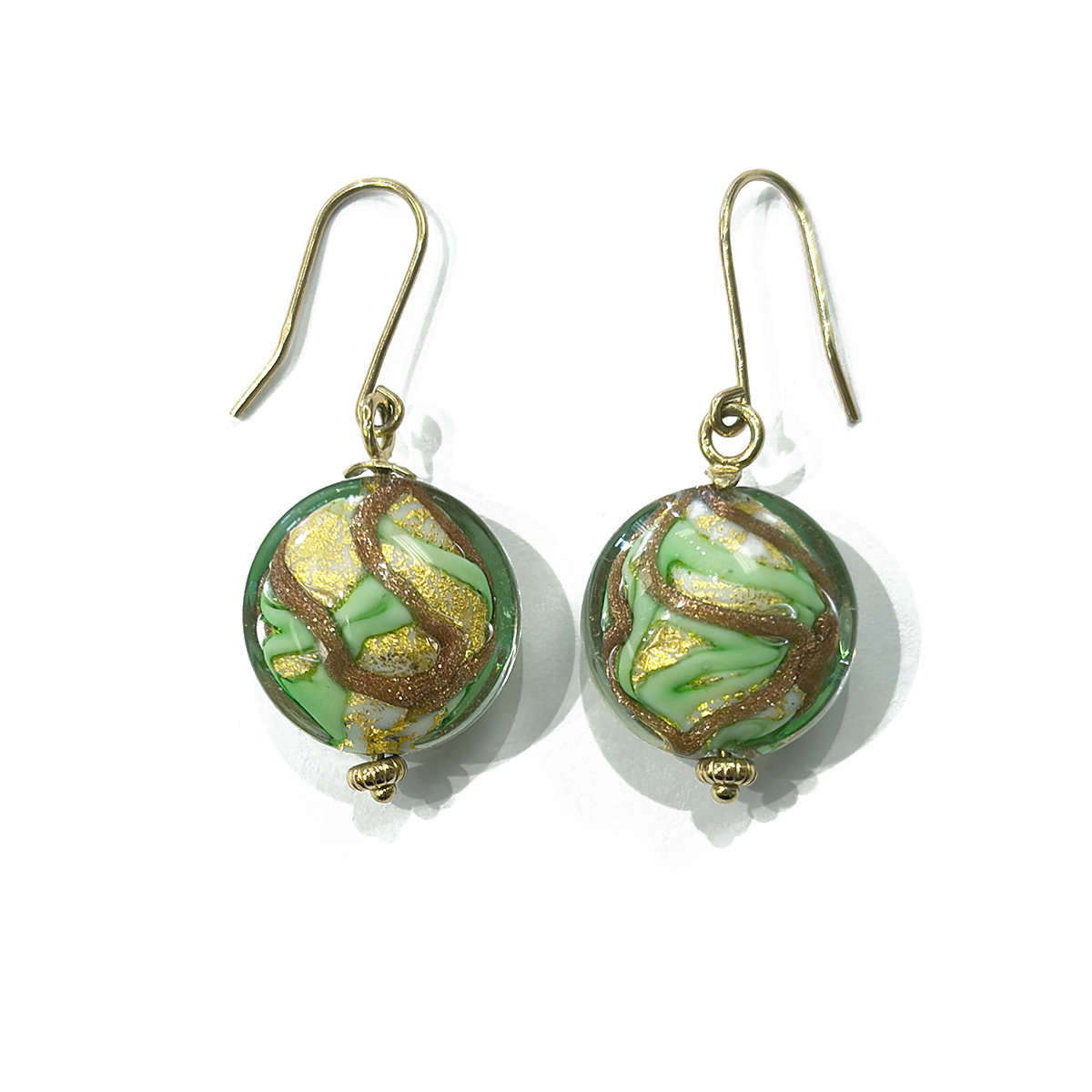 Green and Gold Italian Morano Glass Earrings with 14K Yellow Gold French Wires