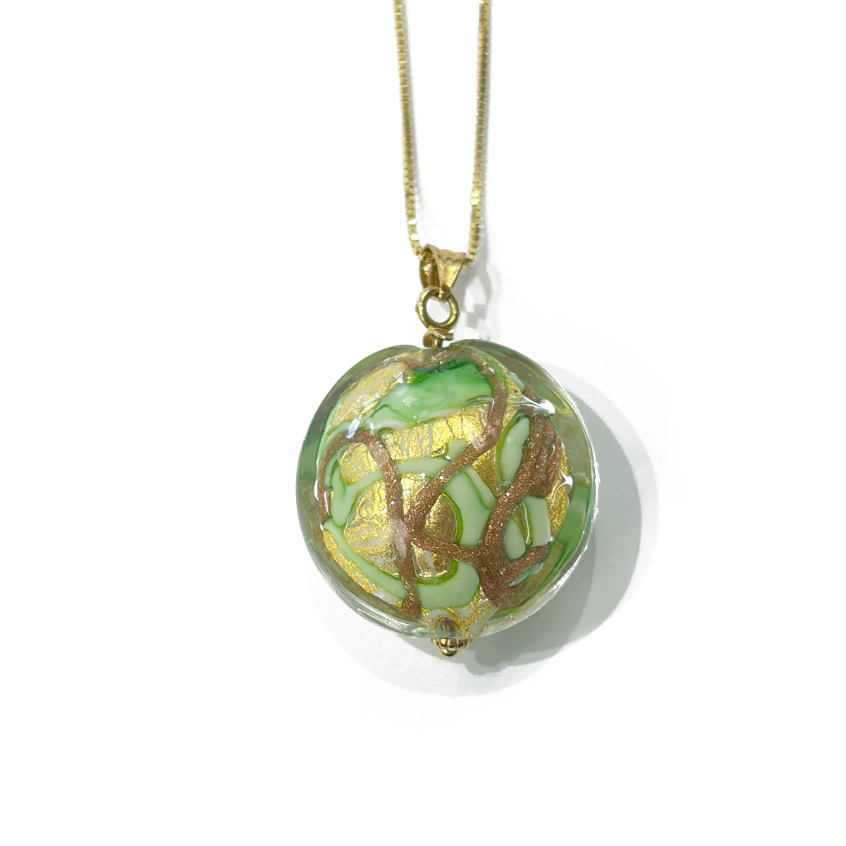 Green and Gold Italian Murano Glass Pendant in 14K Yellow Gold on an 18 Box Chain