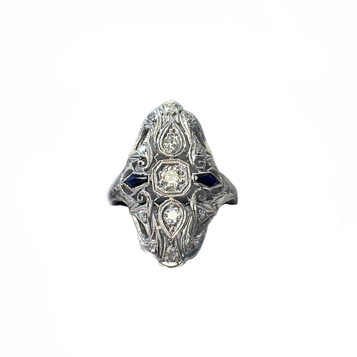 Ladies' Art Deco Estate Dinner Ring with 0.33cttw Diamonds and Two Blue Sapphire Kite Accents Set in Platinum