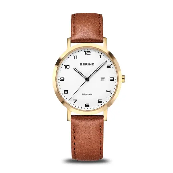 Ladies' Bering Watch, 34mm Titanium Brushed Gold Case with a Sapphire Crystal Face and a Calfskin Brown Leather Strap. 5 ATM of Water resistance
