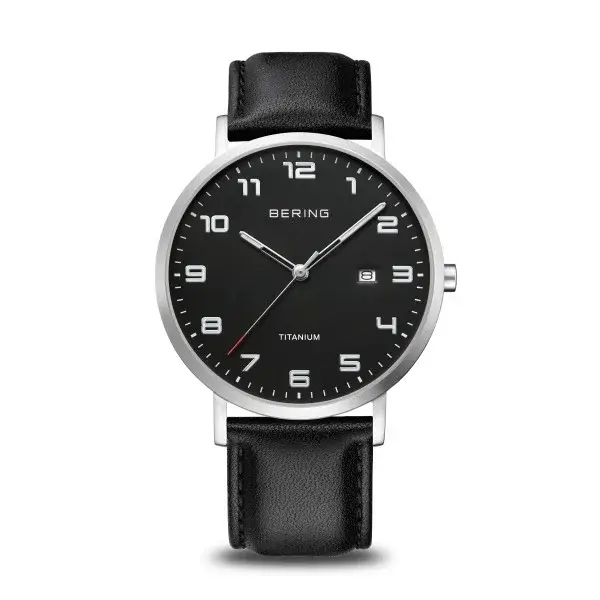 Men's Bering Watch with a Sapphire Crystal Face, Brushed Silver Titanium Case, Black Face, and Calfskin Leather Strap; 40mm Width, 5 ATM Water Resistance