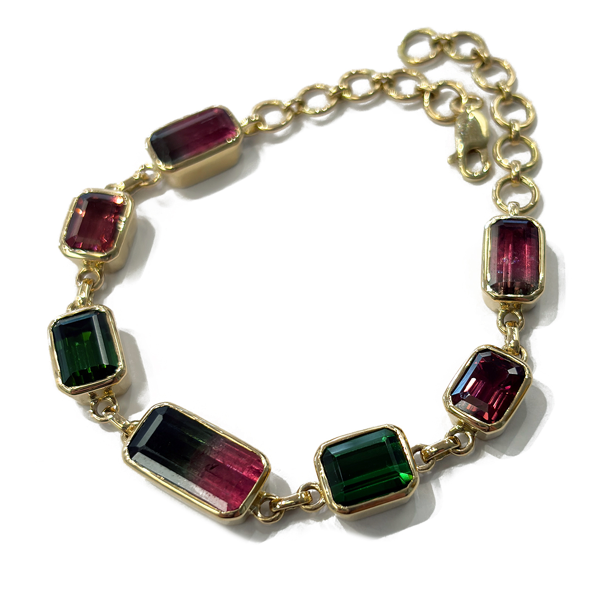 Multicolor Tourmaline Bracelet Featuring 17.45 total carats of Watermelon, Pink, and Green Tourmaline Bezel Set in 14K Yellow Gold