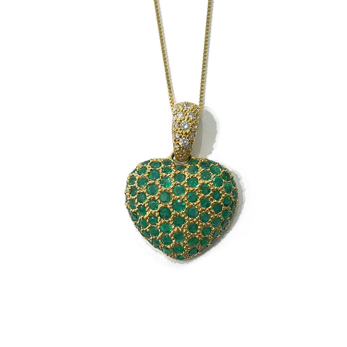 Puffed Heart Estate Pendant featuring ~1.80cttw Emeralds Pavé Set, Accented by ~0.16cttw Diamonds Pavé Set Along the Bail in 18K Yellow Gold on an 18 14K Yellow Gold Box Chain