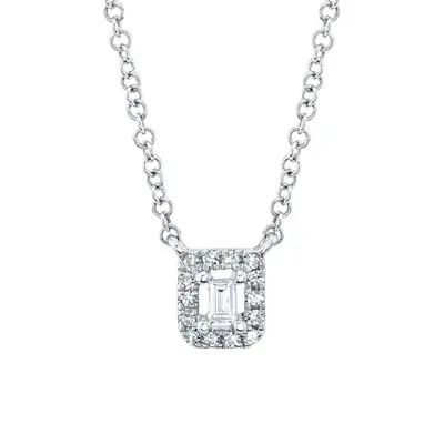 Shy Creation 0.05cttw Baguette and Round Diamond Pendant in 14K White Gold on an Adjustable Chain