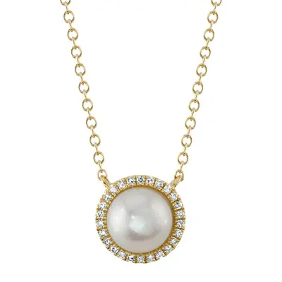 Shy Creation 0.08cttw Diamond and Cultured Peal Necklace in 14K Yellow Gold Adjustable Chain