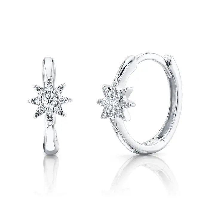 Shy Creation 0.10cttw Diamond Starburst Huggie Hoop Earrings Set in 14K White Gold