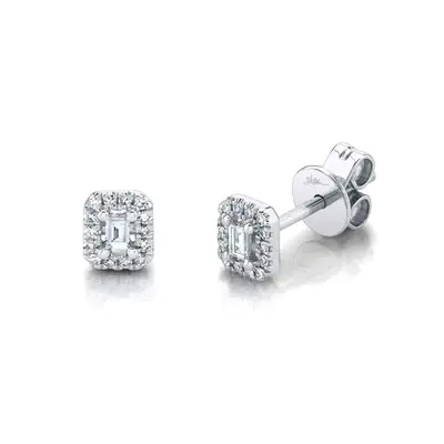 Shy Creations 0.12cttw Baguette and Round Diamond Stud Earrings in 14K White Gold