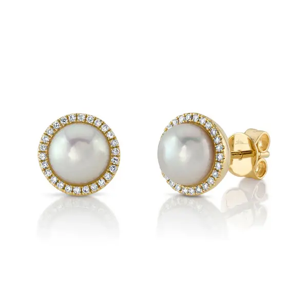 Shy Creations Cultured Pearl Studs with 0.16cttw Diamond Halos in 14K Yellow Gold