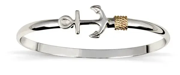 Sterling Silver Anchor Bangle with 14K Yellow Gold Rope Detailing, Size 7