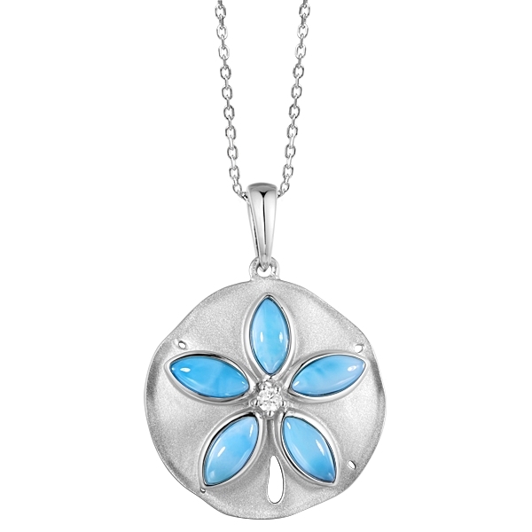 Sterling Silver Larimar Sand Dollar Pendant with a CZ Accent on a Sterling Silver chain