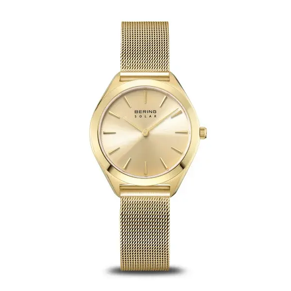 Women's Bering Solar Watch with a Sapphire Crystal Face, Polished Gold Stainless Steel Case, and Gold Face; 35mm Width, 5 ATM Water Resistance