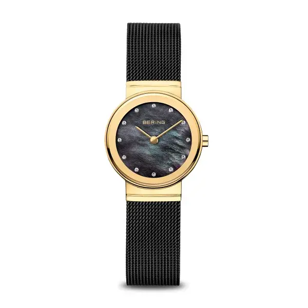 Women's Bering Watch with a Sapphire Crystal Glass, Polished Gold Stainless Steel Case, and Black Mother of Pearl Face; 26mm Width, 5 ATM Water Resistance