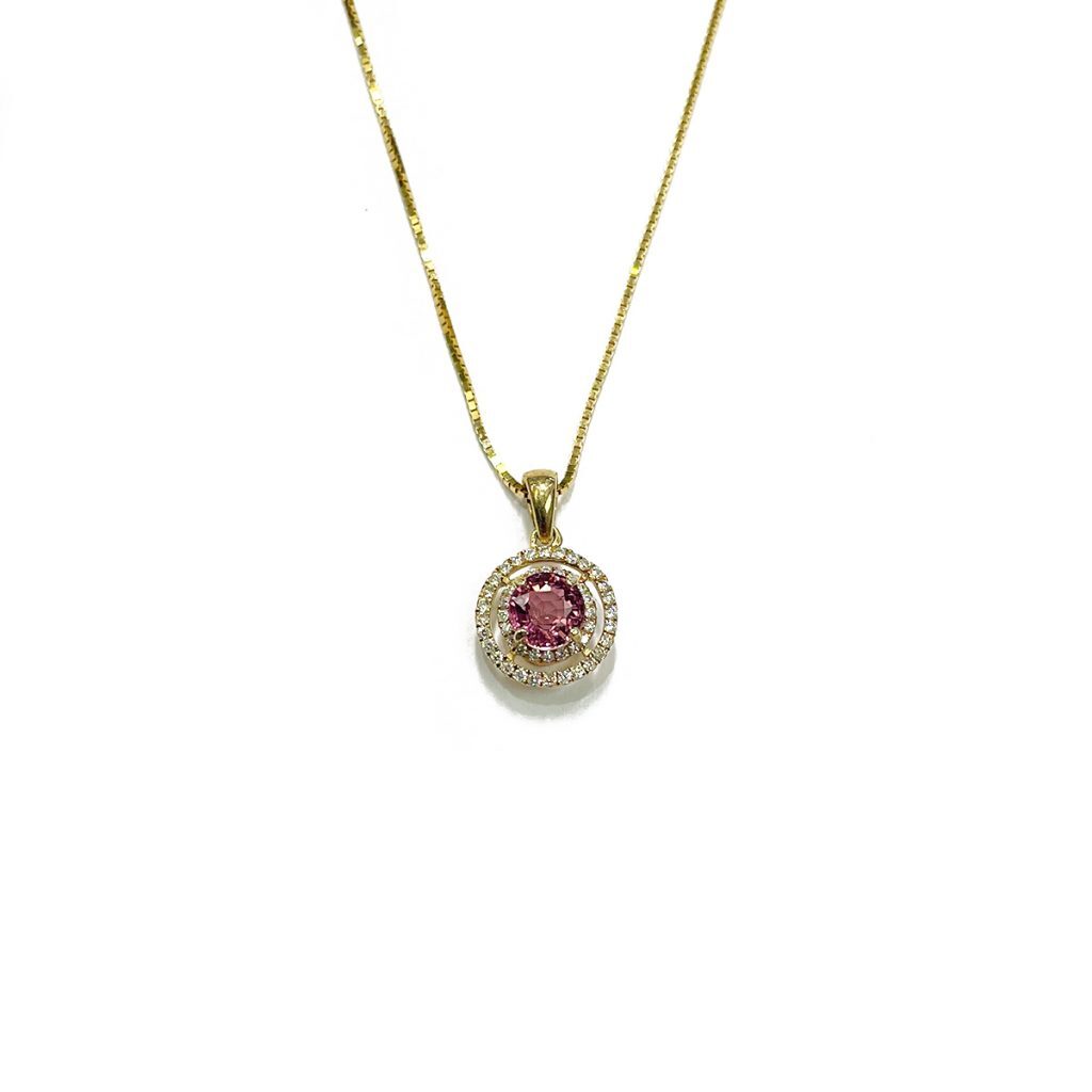 .70ct pink Maine tourmaline set with .17cttw of diamonds in double halo pendant 14k yellow gold 18 14k gold box chain