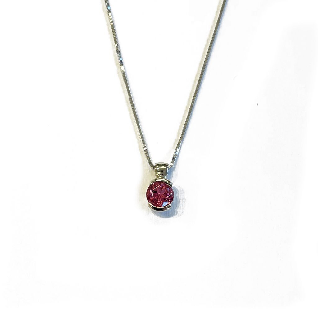 .73ct round pink Maine tourmaline set in 14k white gold half bezel pendant 18 14k white gold box chain
