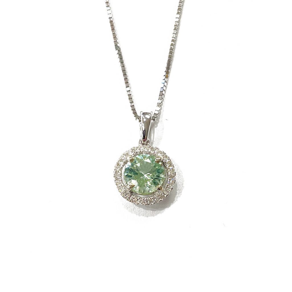.75ct round seafoam green Maine tourmaline set with .12cttw of diamonds in halo pendant 14k white gold 18 14k gold box chain