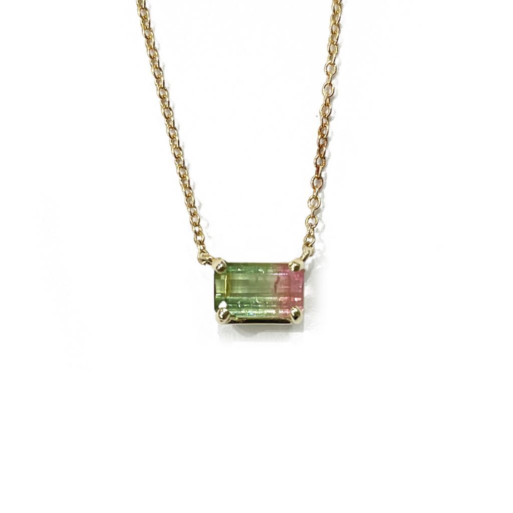 .82ct emerald cut watermelon tourmaline prong set in 14k yellow gold pendant 18 14k gold box chain