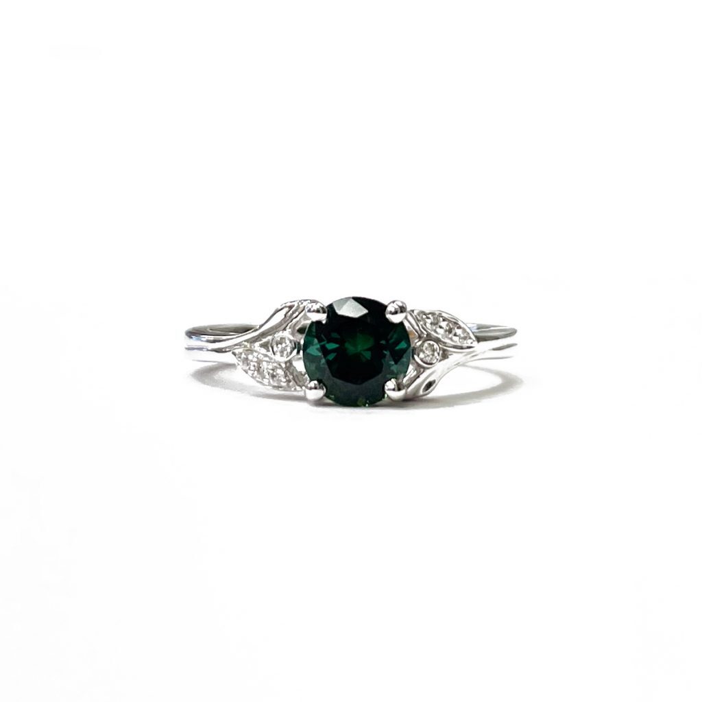 .82ct round green Maine tourmaline set with .04cttw of diamonds in 14k white gold ring