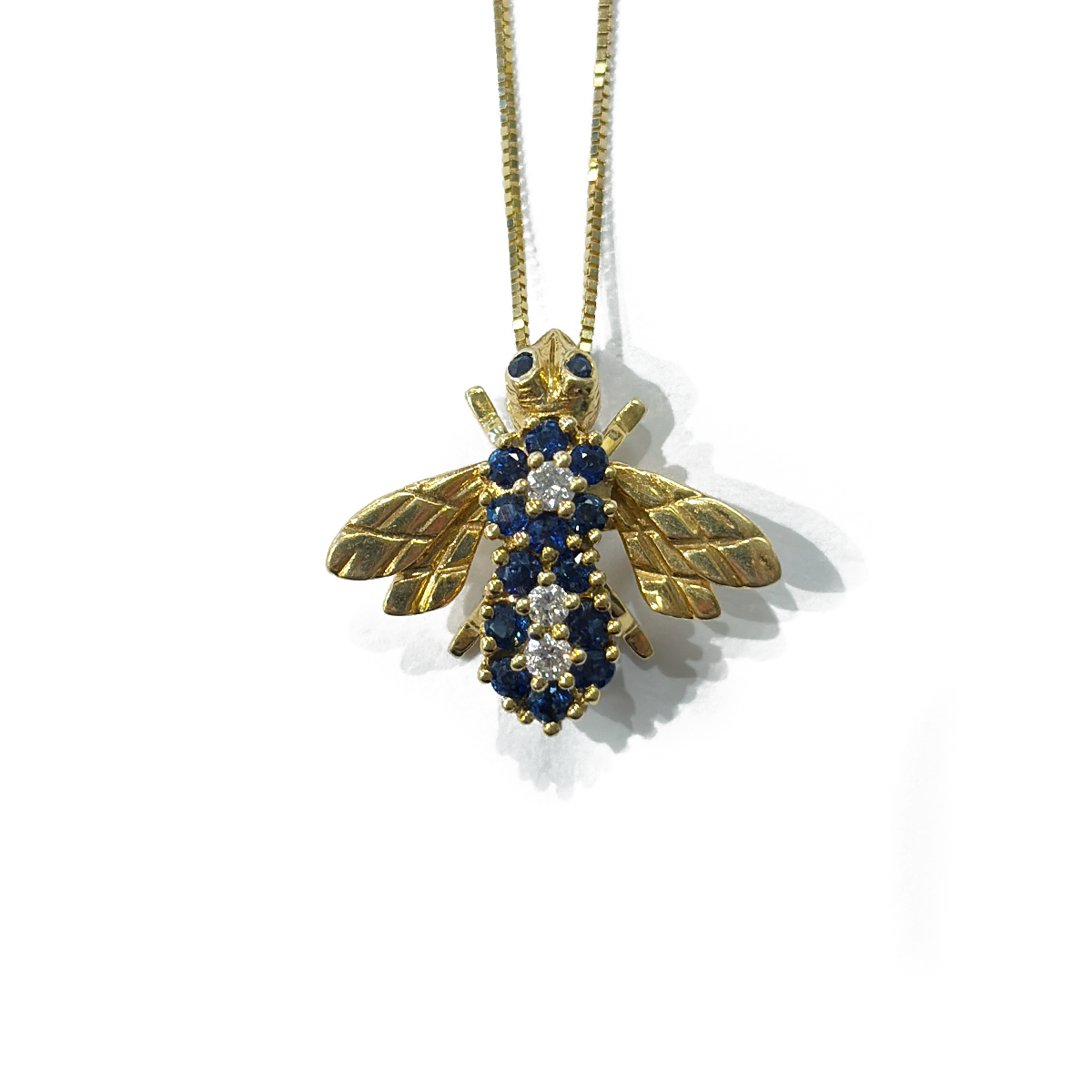 Craig Drake Estate Bee Pin/Pendant Featuring Vibrant Blue Sapphires and 0.14cttw Diamonds Prong Set in 18K Yellow Gold on an 18 14K Yellow Gold Box Chain