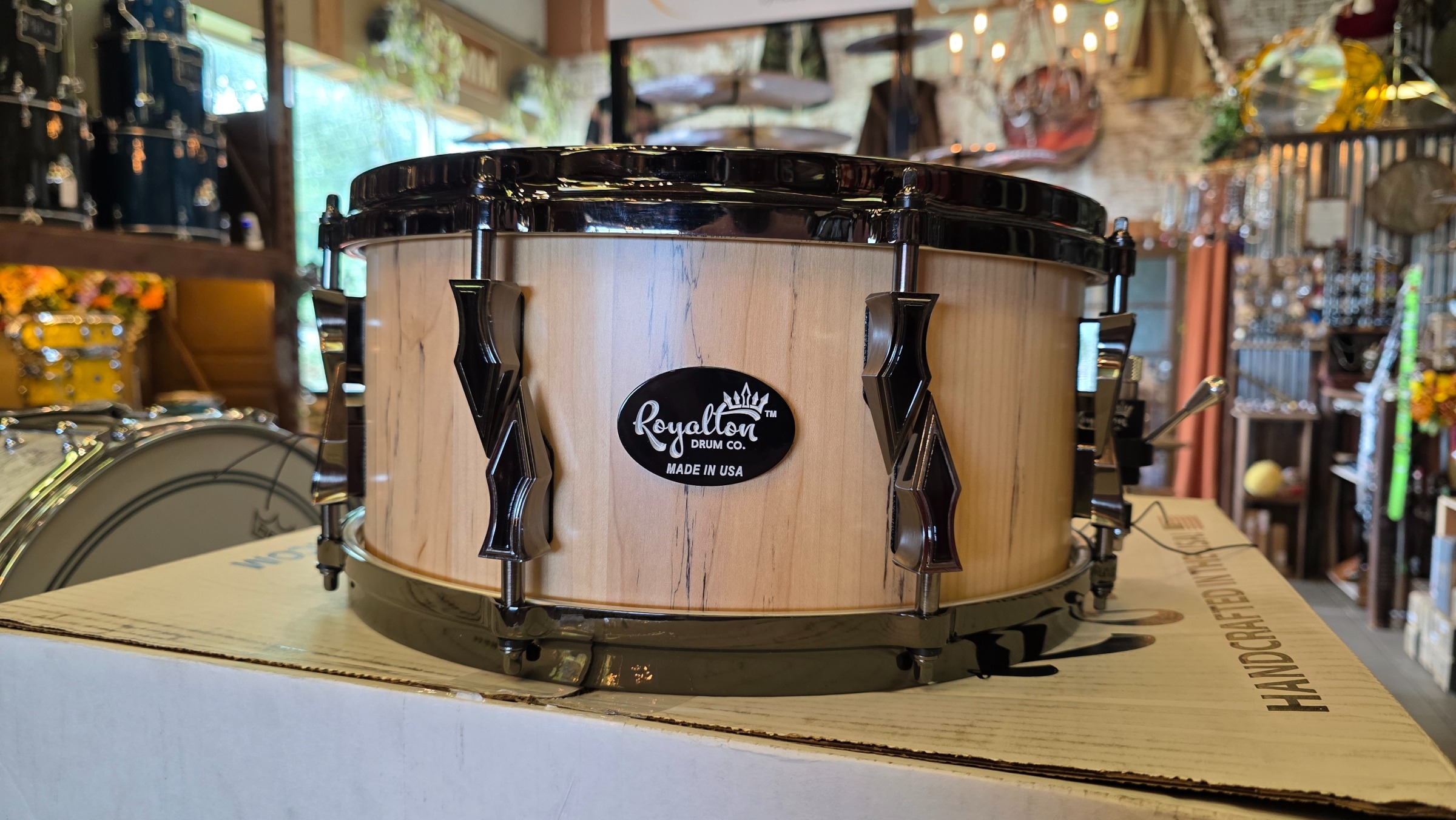 ROYALTON DRUM CO. Spalted Maple Stave Snare Drum, 6.5''x14'', Satin Finish w/ Custom Antique Brushed Black Nickel Lugs and Gaboon Ebony Inlays!