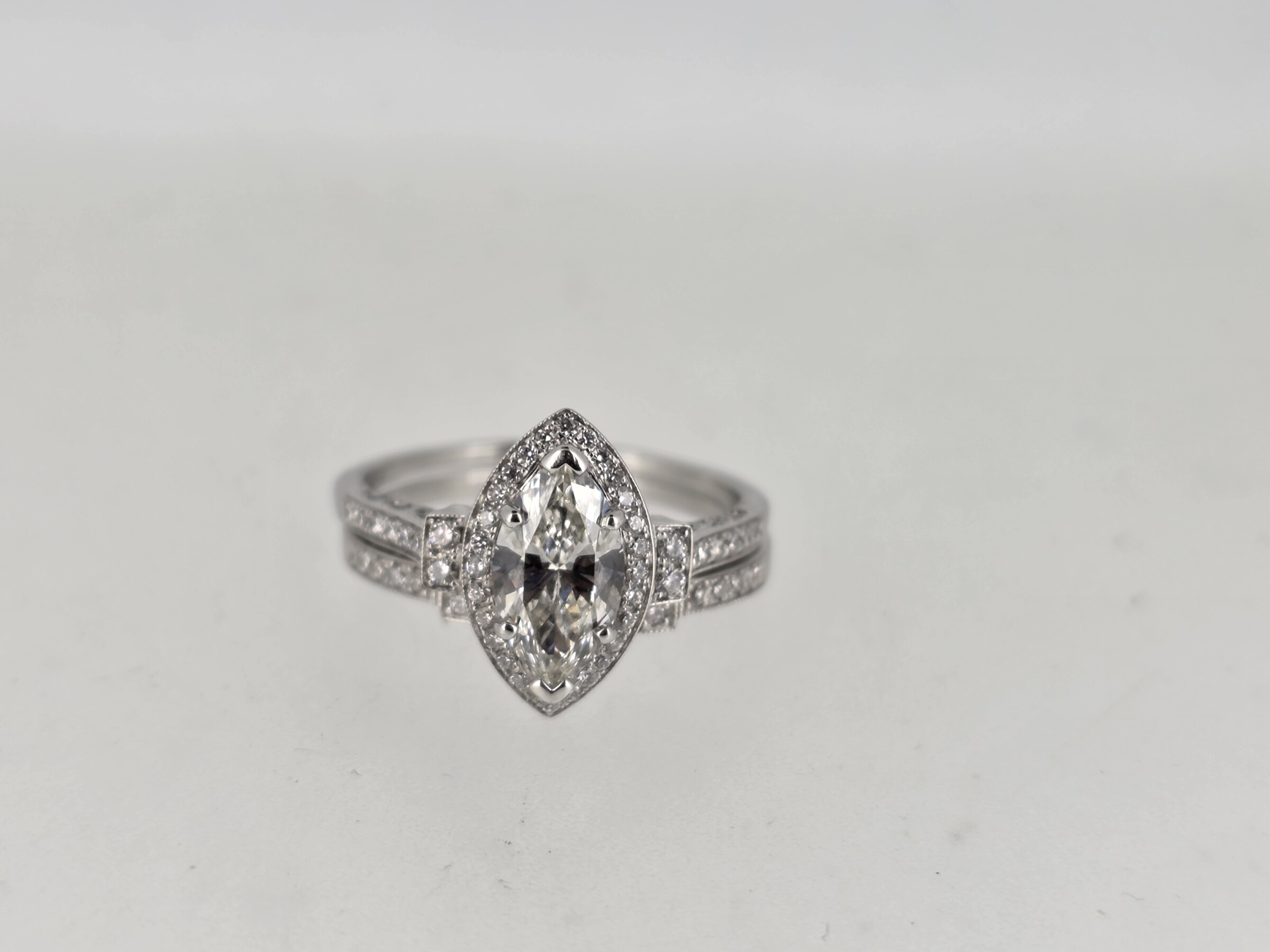 1.20 Ct Marquise -H Color, VS1, GIA 2136640106, Set into Engagement Set with 0.38 Cts Round Brilliant Cut Diamonds - Estate