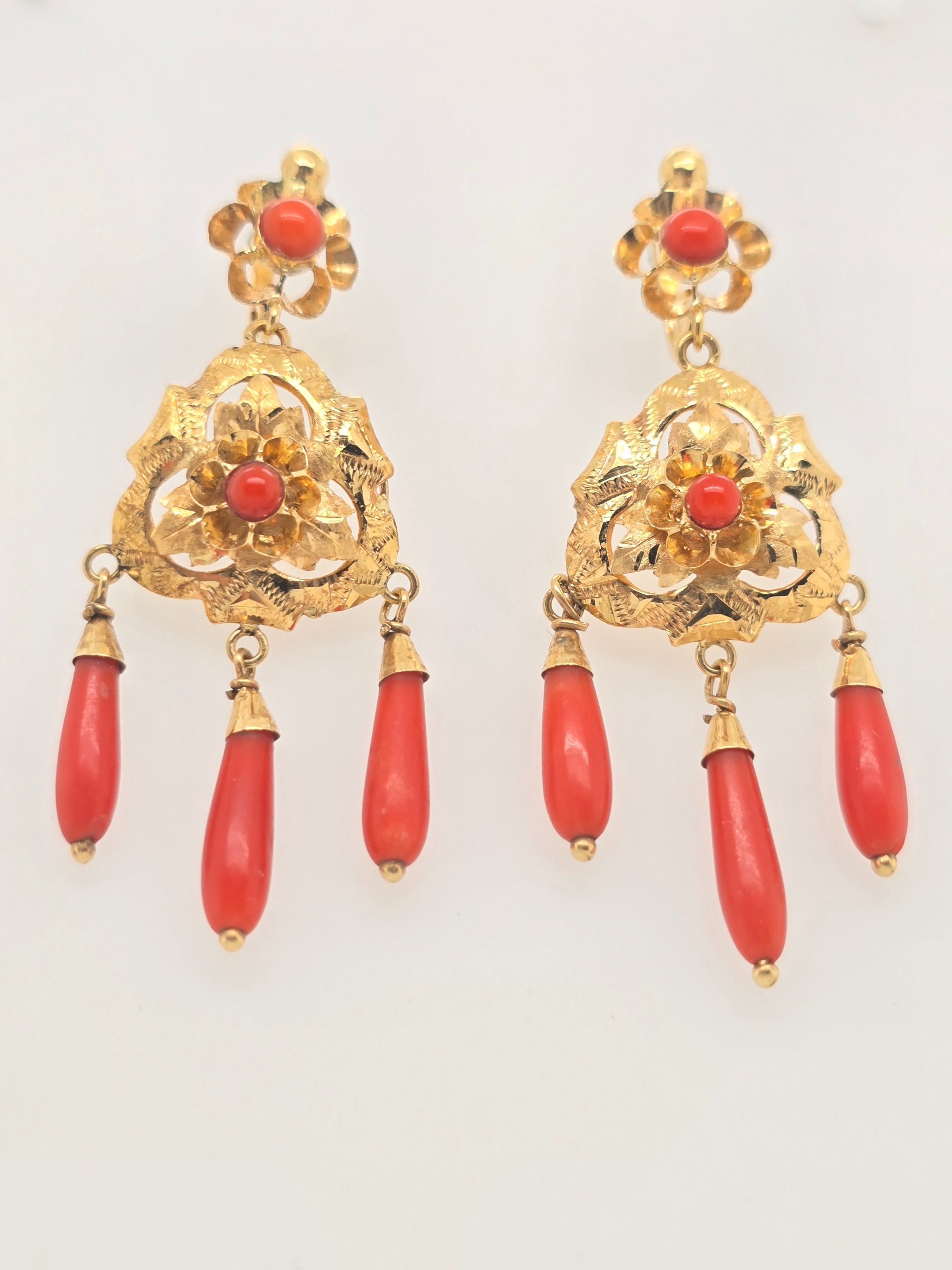 Vintage Red Coral Chandelier Earrings, 18k