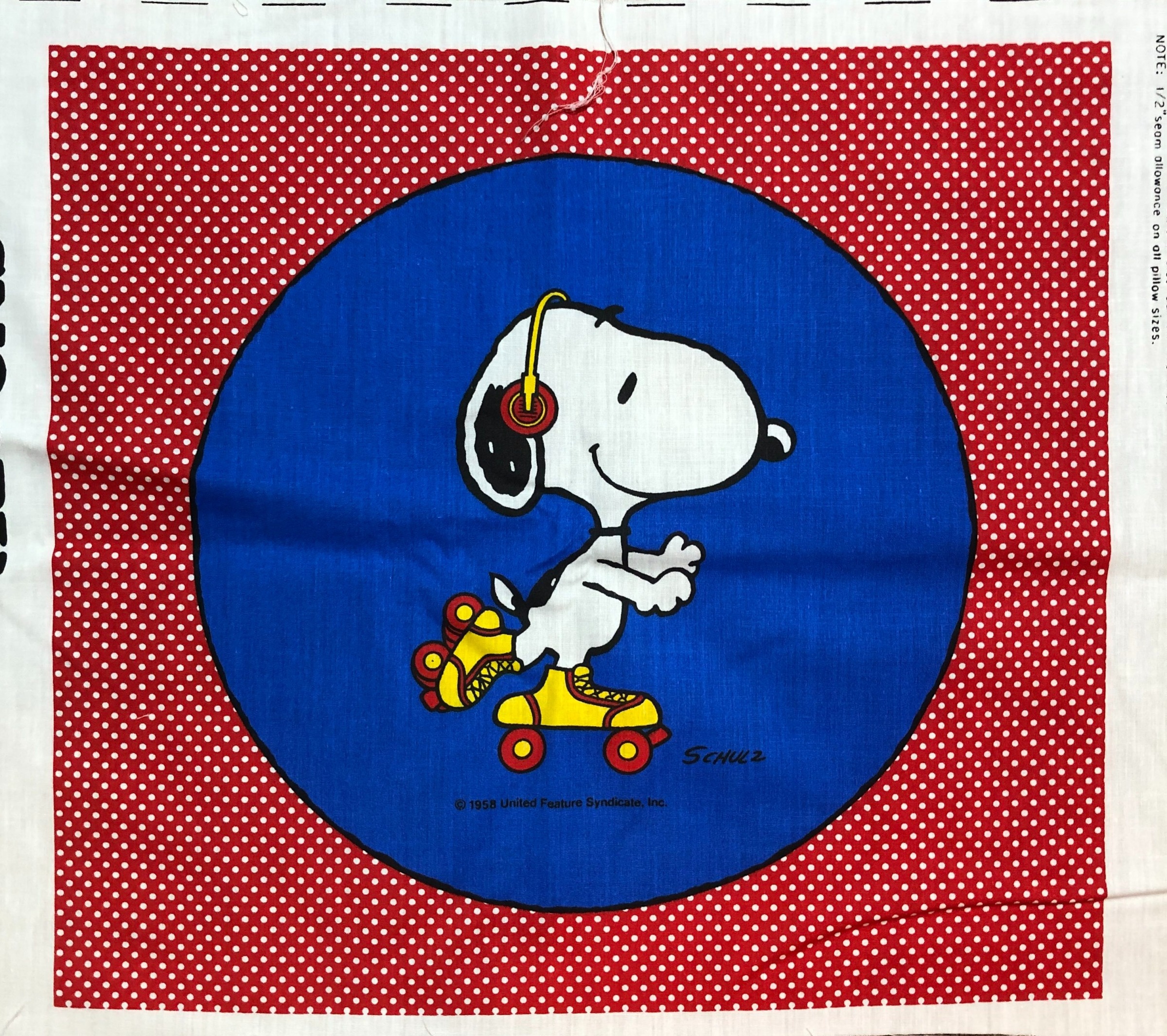 Licensed Snoopy Fabric Pillow Panel, 100% Cotton, FCI, vintage