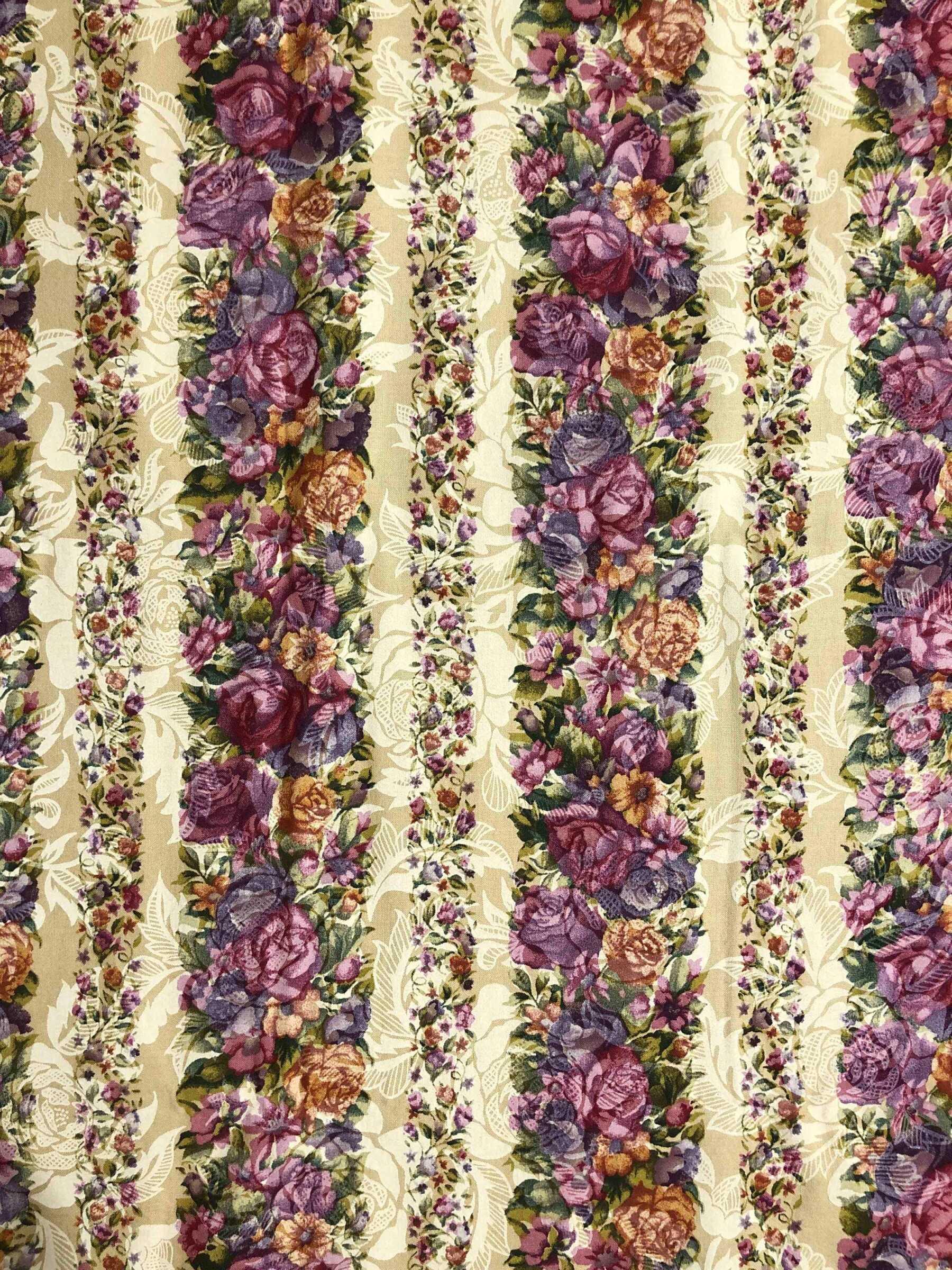 Shabby Chic Floral Stripe, 100% Cotton, decor fabric, Purple Floral, Vintage, OOP 